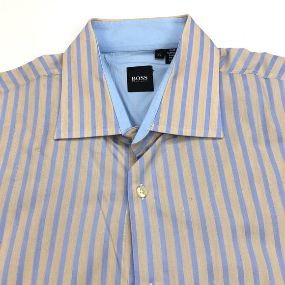 Hugo Boss XL MINT Button Long Sleeve Cotton Striped Dress Shirt Orange Blue - Picture 1 of 9
